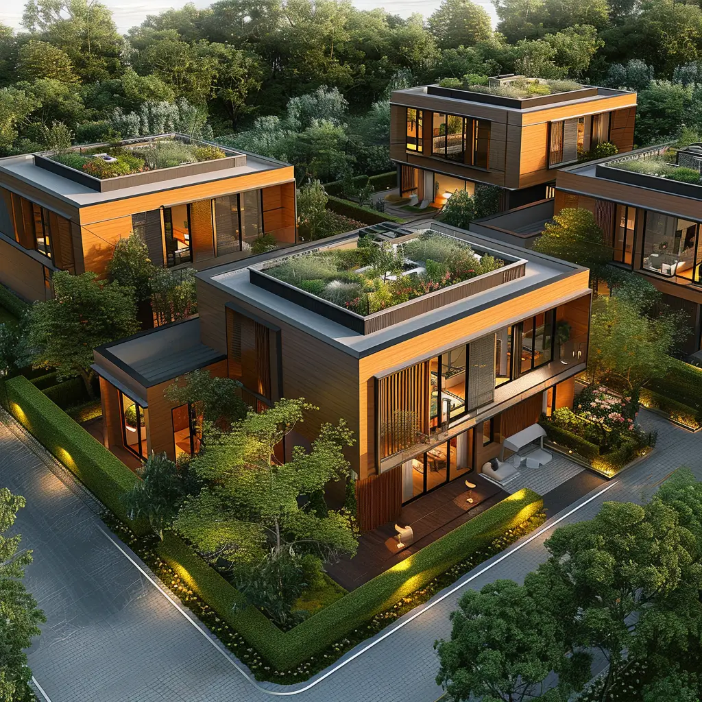Rendering of homes with rooftop gardens set among trees